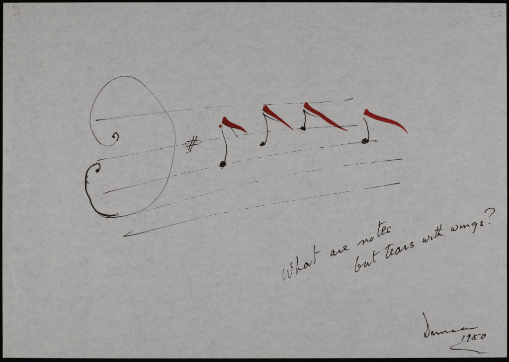 Manuscript bearing the words 'What are notes but tears with wings?' decorated by Ronald Duncan with a drawing of music manuscript with the notes decorated with read paint, as if bloody.