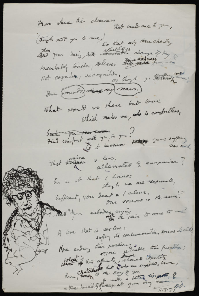 Page two of the Franz Schubert manuscript, decorated by an idiosyncratic sketch of the composer.