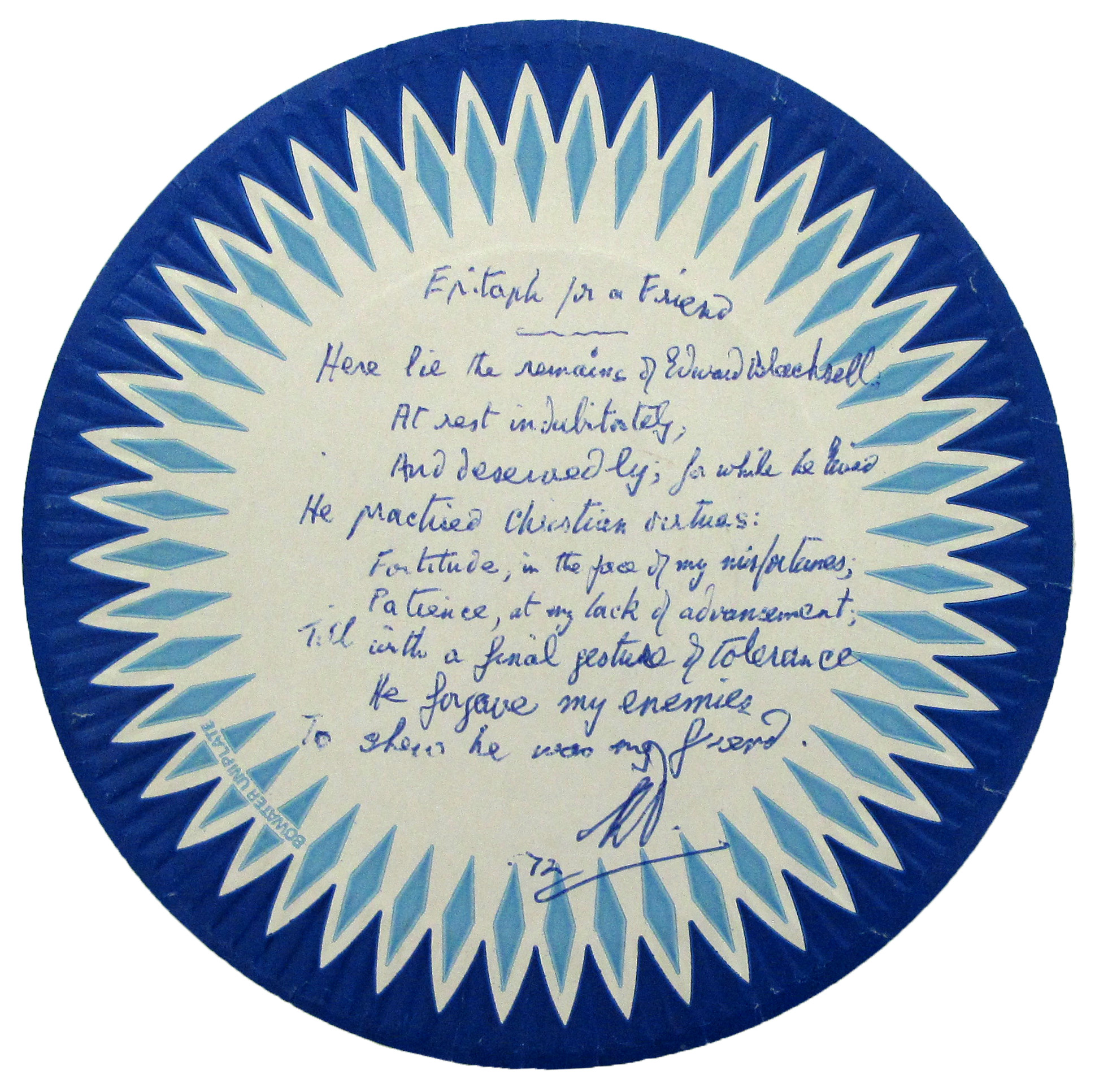EUL MS 397/1023 Unpublished manuscript poem on a paper plate