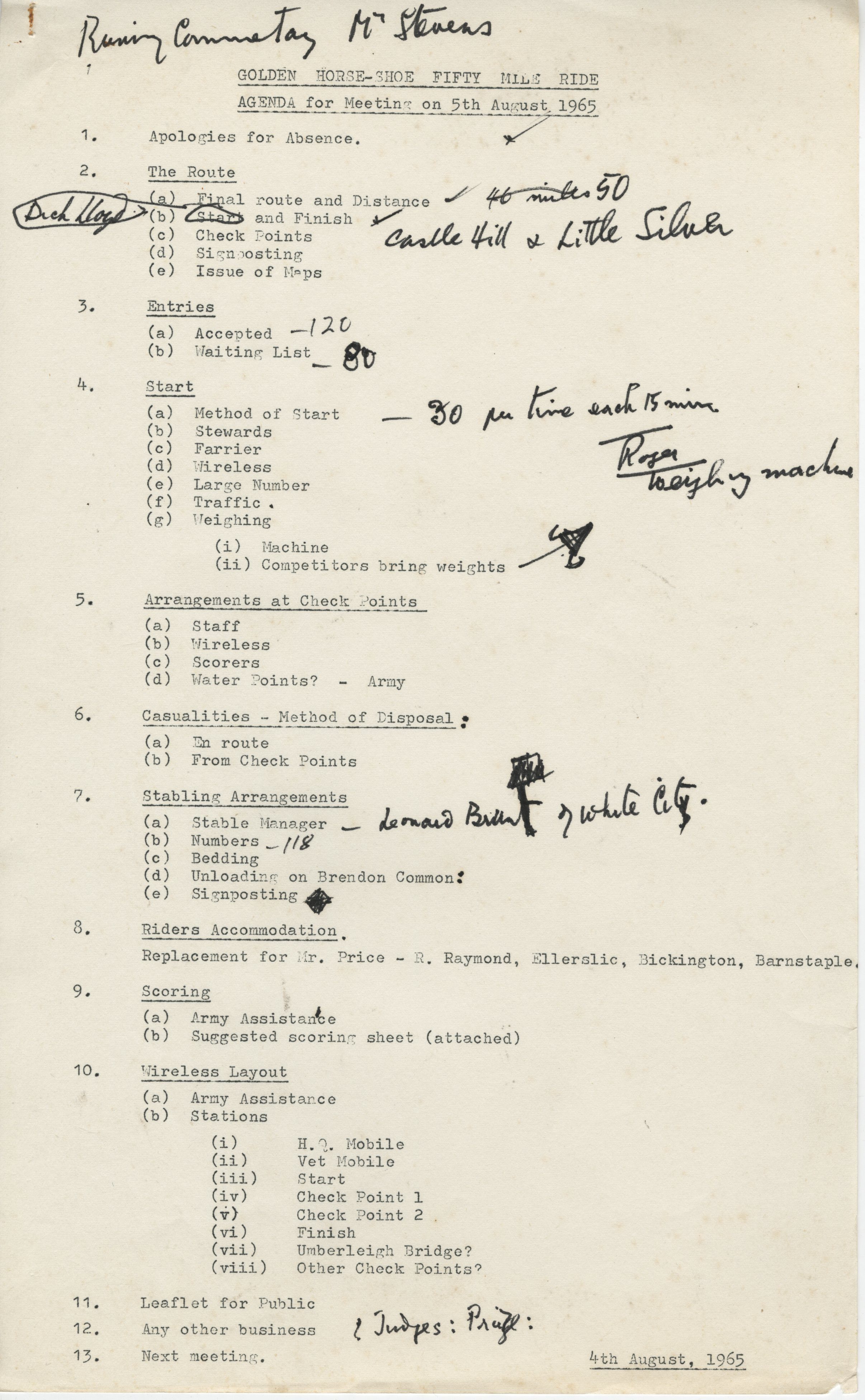 EUL MS 397_1041 Annotated agenda for a meeting of the Golden Horseshoe Fifty Mile Ride committee (4 August 1965)