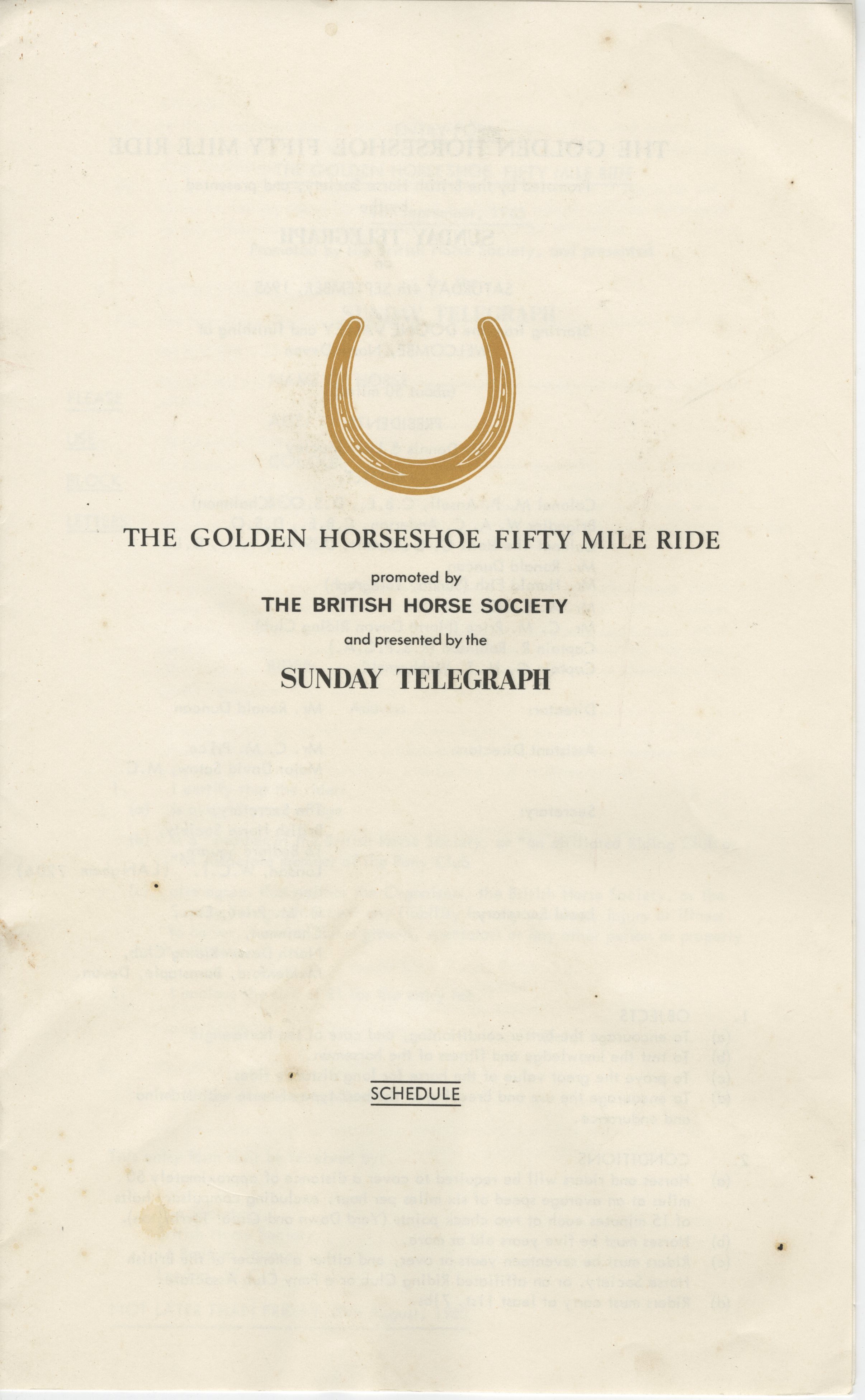 EUL MS 397/1041 Schedule for Golden Horseshoe Fifty Mile Ride 1965