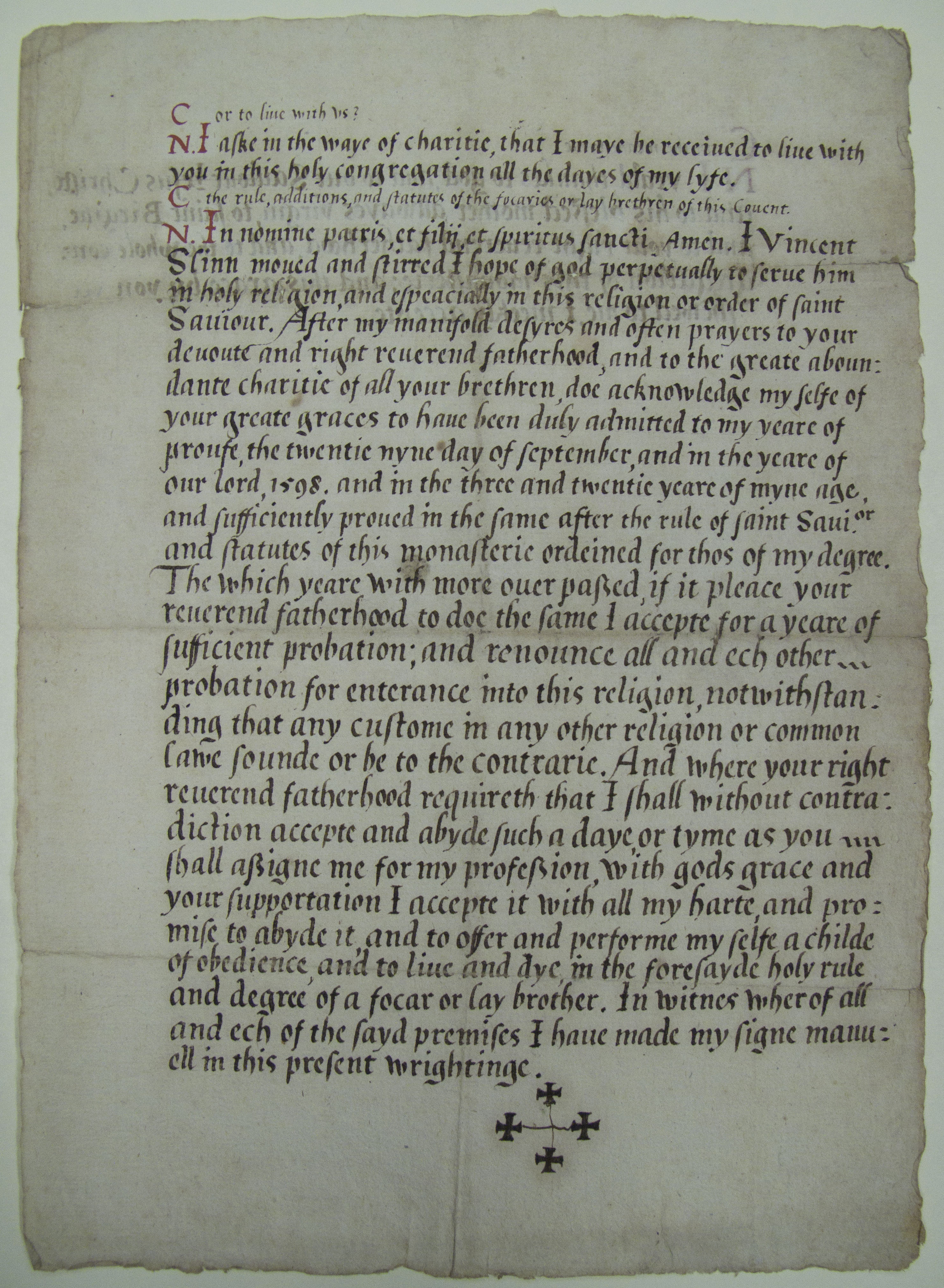 Certificate of Syon brother, Vincent Slinn, dated 1598 (ref: EUL MS 389/COM/3/1)