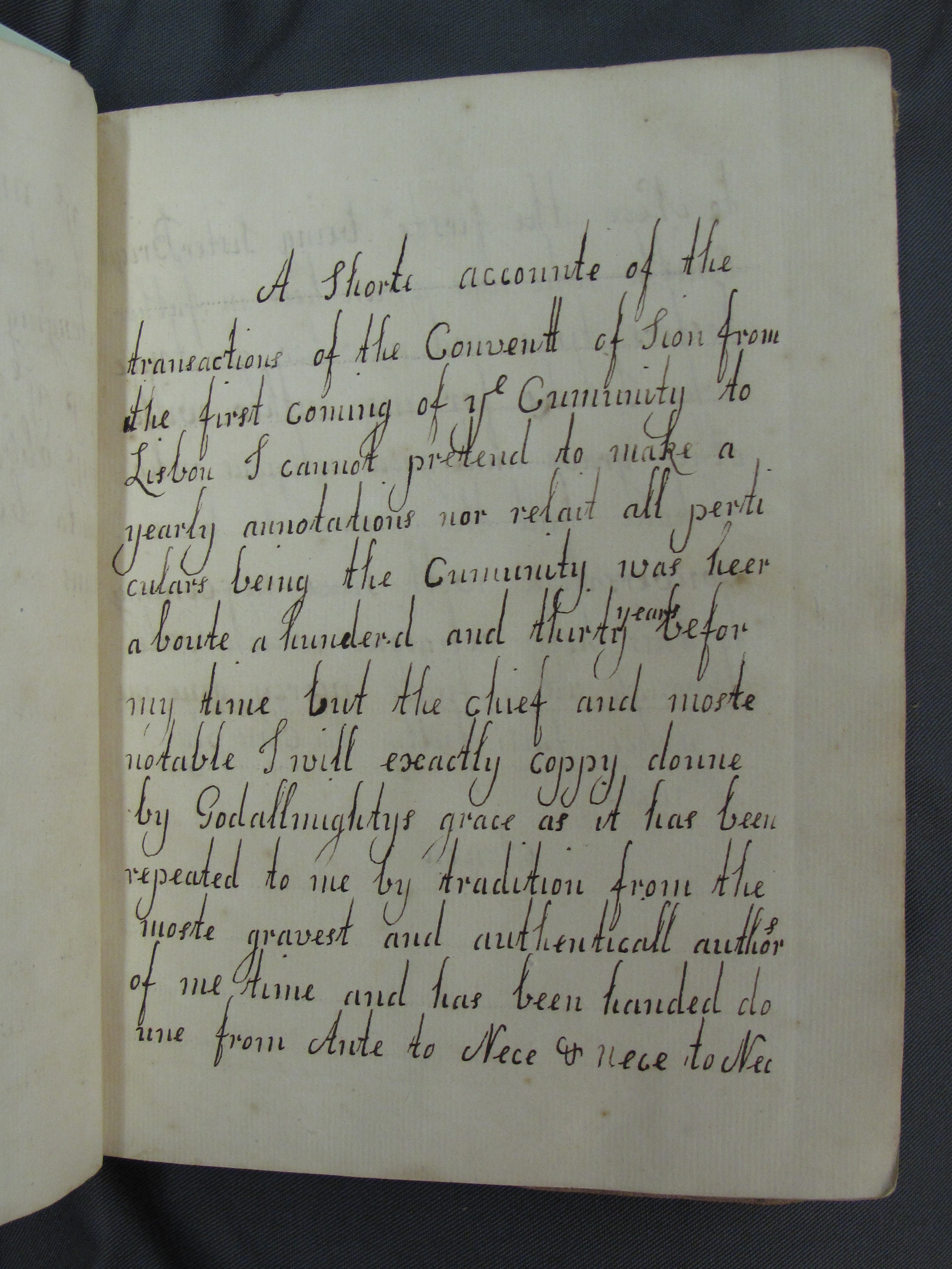 EUL MS 262/add2/27. First page of a manuscript beginning 'A shorte accounte of the transactions of the Conventt of Sion from the first coming of the Cumunity to Lisbon' (c 1724-1738).