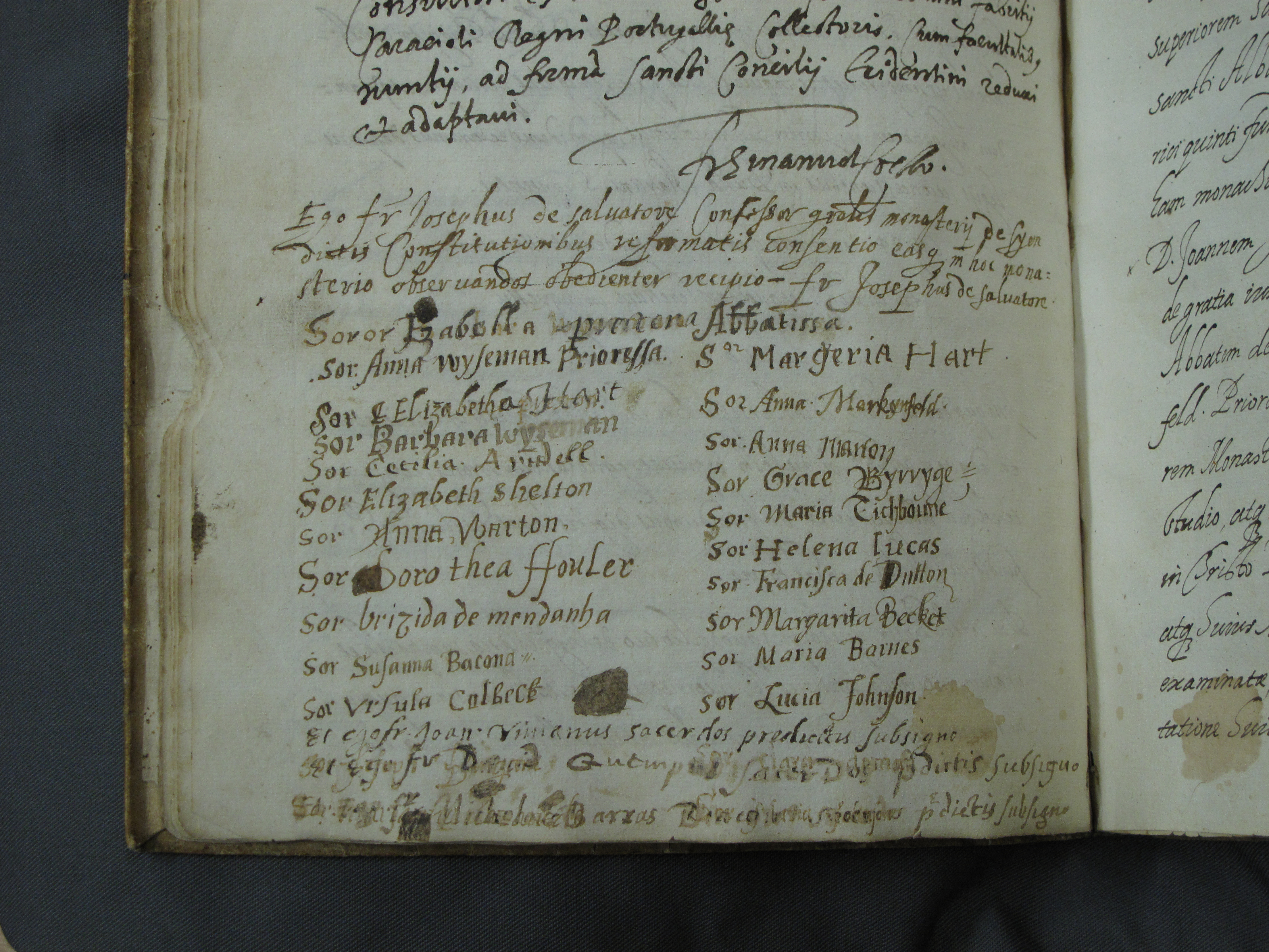 EUL MS 262/add1/2. Signatures of sisters and brothers of Syon Abbey in a revised edition of the Rule of St Augustine and the Constitutions of St Bridget (c 1607).