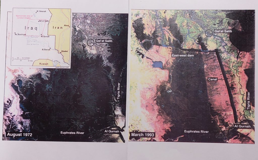 Two maps comparing water levels in the marshes of southern Iraq, showing the changes between 1972 and 1993